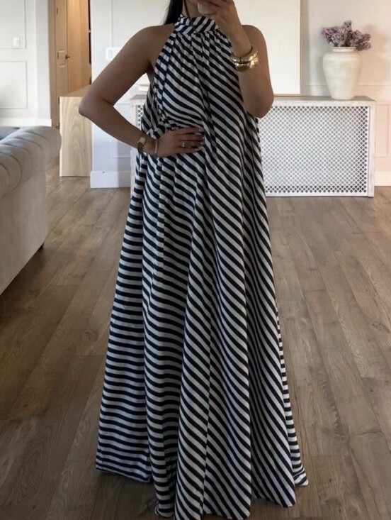 H&M Dresses & Skirts - H&M Tie-detail A-line Maxi Dress Navy Blue White Striped  Bnwt